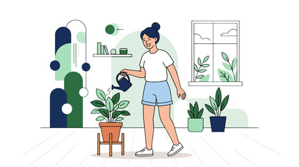 woman watering plant, indoor gardening, home decor, flat illustration, minimalist style isolated on White Background vector eps silhouette © LAIJU 