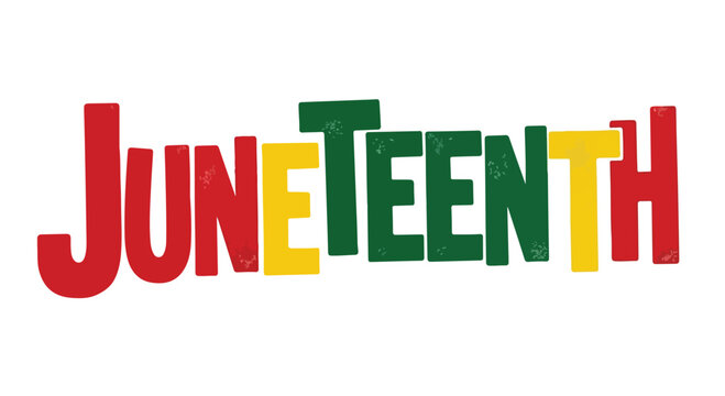 Juneteenth celebration text logo with colorful letters on white background