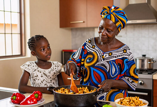 African Grandmother Cooking Traditional Jollof Rice in Ghanaian Kitchen