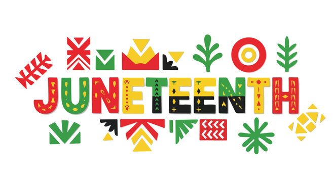 Vibrant Juneteenth celebration graphic with colorful text and decorative patterns