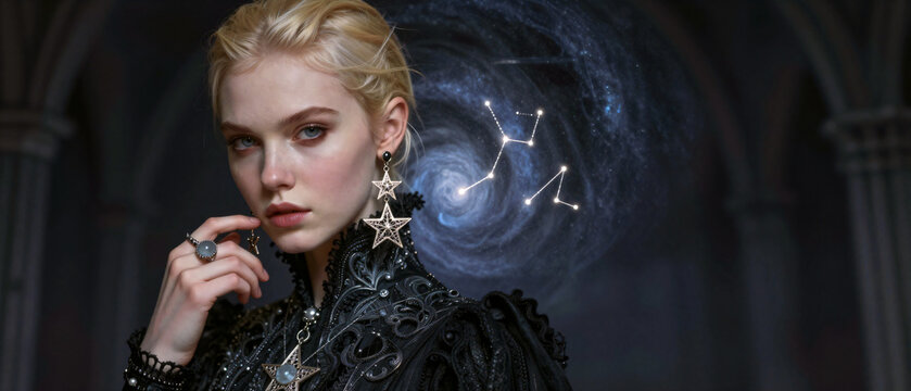 Portr&auml;t einer eleganten Frau in schwarzem Kleid vor Galaxie und Sternenbild