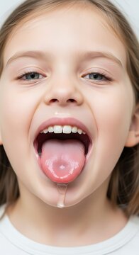 Young Girls Open Mouth Showing Tongue and Drool.