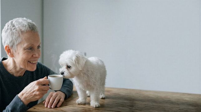 Elderly woman smiling while sitting at table with small white dog  