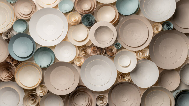 Abstract background of concentric paper cutout circles with layered shadow depth in neutral pastel colors