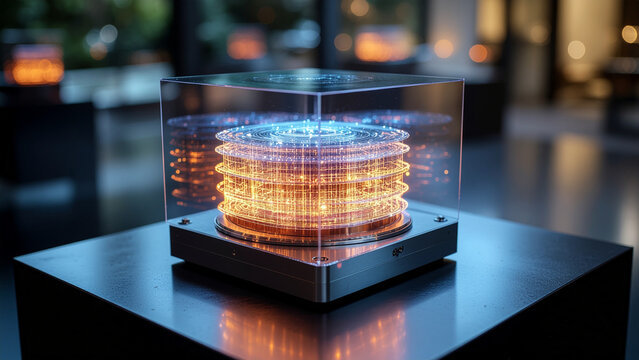 Futuristic glowing technological device encased in a transparent glass cube on a dark surface