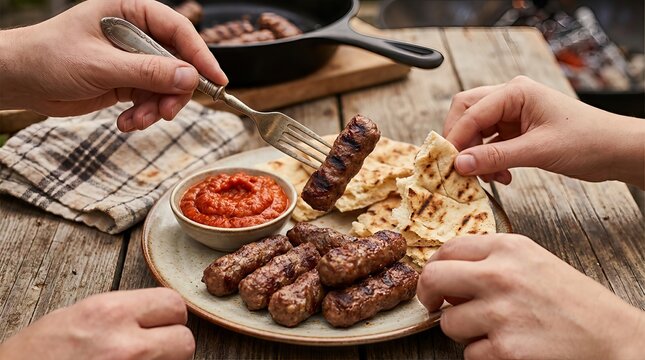 Close-up of hands reaching for a plate of traditional Balkan cevapi, grilled flatbread, and a bowl of ajvar, served on a rustic wooden table, suggesting a shared meal among friends.