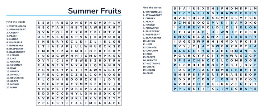 A word search puzzle sheet on the topic of  Summer Fruits with answers for children and adults