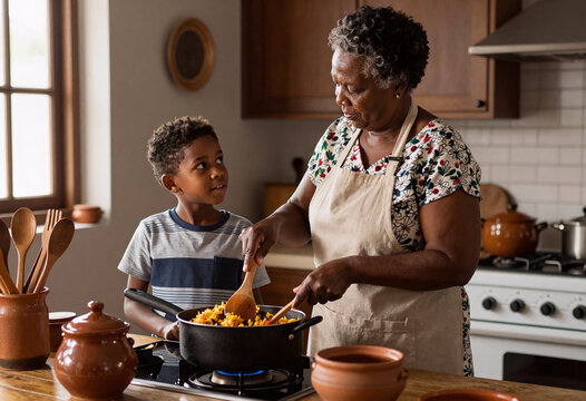African American Grandmother Teaching Grandson Jollof Rice