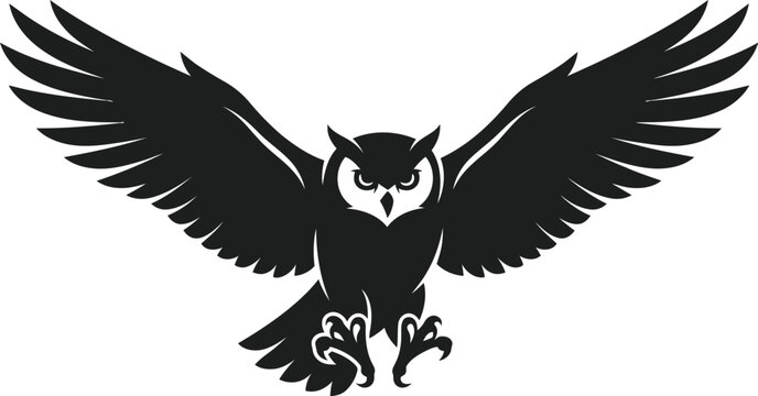 Black silhouette of an owl with wings spread wide, talons extended white background