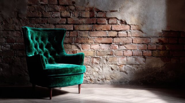 luxurious deep emerald velvet armchair beside an aged exposed brick wall, exquisite contrast of textures, warm natural window light, sophisticated