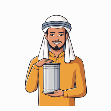 Man in Traditional Arab Clothing Holding a Can