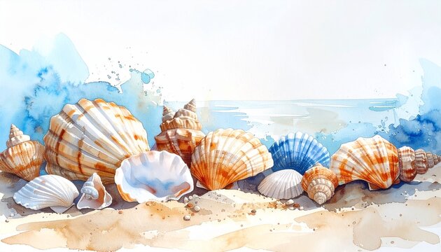 Watercolor Seashell Collection Border with Coastal Sand and Ocean Tones, Summer Beach Copyspace Background