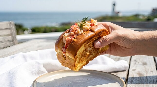 A close-up shot of a hand holding a freshly prepared lobster roll, filled with succulent lobster meat and served on a toasted bun, against a picturesque coastal backdrop featuring the ocean and a dis.