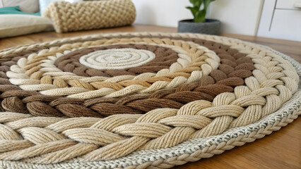 Fototapeta premium Вариант 1: Английский язык (English) 1. Title Braided cotton mat with textures lying on wooden floor in cozy room, houseplant on blurry background, warm hygge mood, brown-beige color palette, realisti