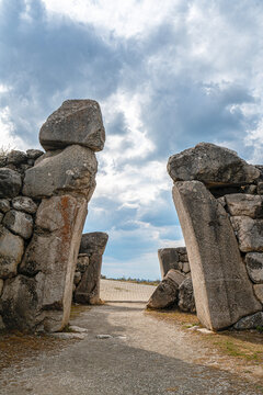 Architectural view of the famous stone-carved King's Gate at the ancient ruins of Hattusa. The monumental gate represents the master masonry and artistic achievements of the Hittite civilization in An