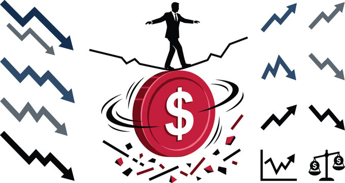Business Risk and Financial Crisis Vector Set with Businessman Tightrope Walking on a Dollar Coin, Market Crash Arrows, and Economic Instability Icons