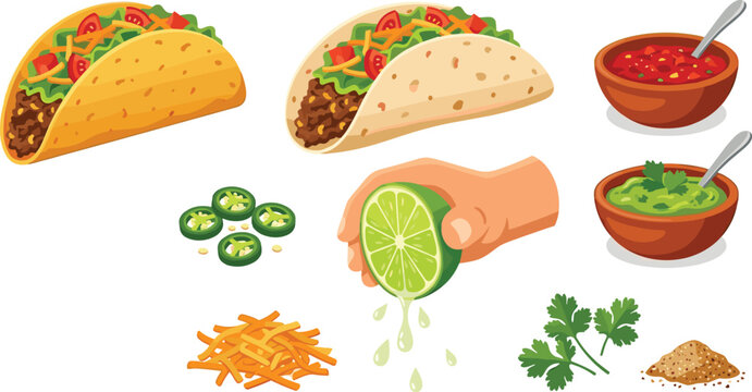 Mexican Taco Vector Illustration Set with Hard and Soft Shell Tacos, Squeezing Lime Hand, Salsa, Guacamole Bowls, and Fresh Ingredient Toppings Icons