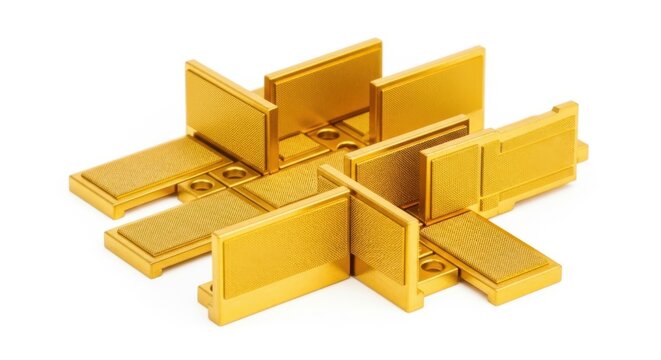 Yellow plastic connector pieces, interlocking puzzle blocks, industrial components