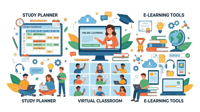 Online learning tools surround a teacher on a computer screen with students in virtual classroom