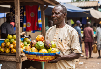 Fototapeta premium African Market Vendor Holding Exotic Fruit Basket in Lagos