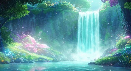 Fototapeta premium A serene waterfall cascades down a lush green cliff surrounded by vibrant flowers and trees in a tranquil natural landscape.