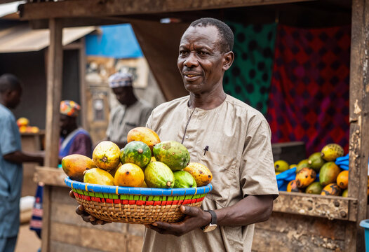 African Market Vendor Holding Exotic Fruit Basket in Lagos Street Market