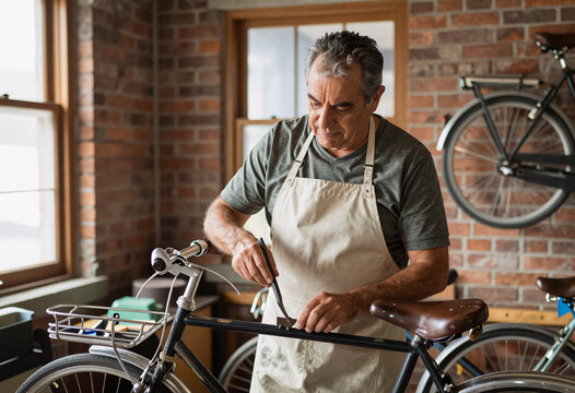 Man repairing vintage bicycle in brick-walled workshop