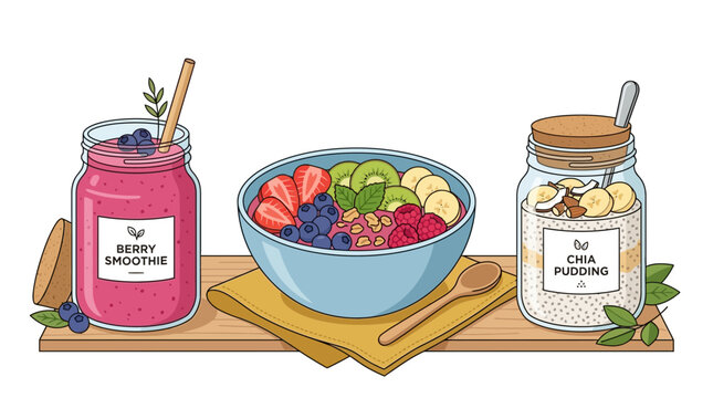 Fresh fruit salad and smoothie on a wooden board with granola