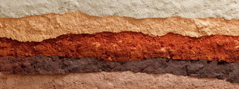 Luxury eco background showing colorful layers of rammed earth and natural clay textures, architectural sustainability concept, warm organic palette