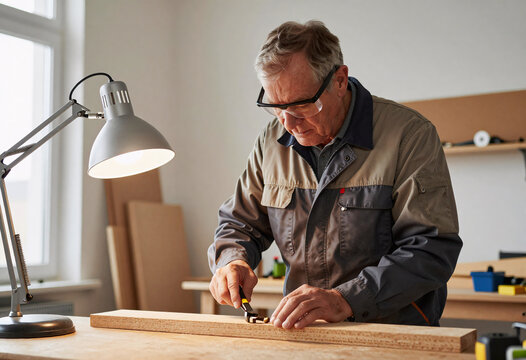 Mature Worker Assembling Wooden Furniture