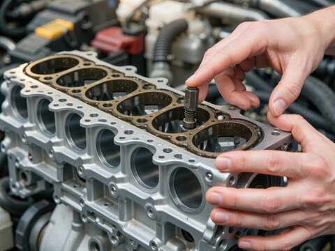 Mechanic repairing engine block cylinder head gasket