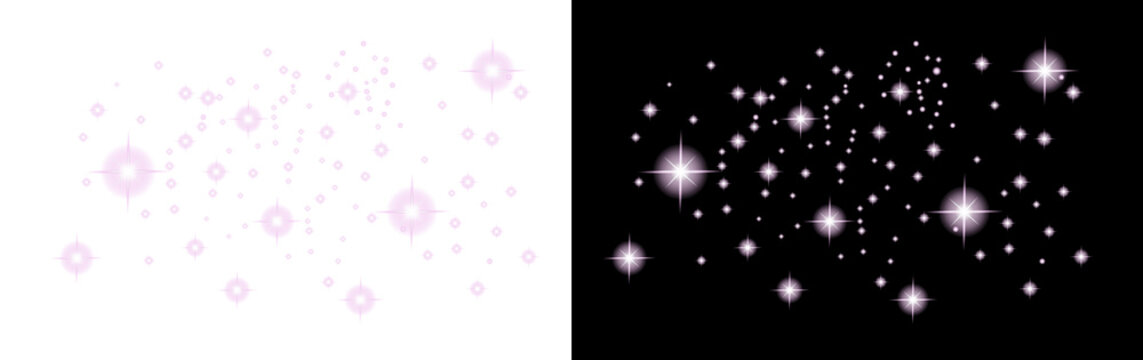 Collection of bright glowing pink and white lens flare starburst graphic elements on transparent background, PNG Image.
