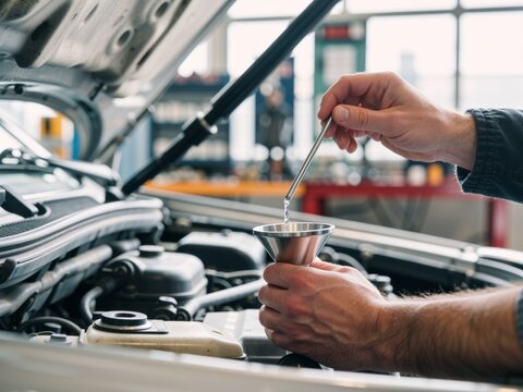 Mechanic pouring car fluid into an engine