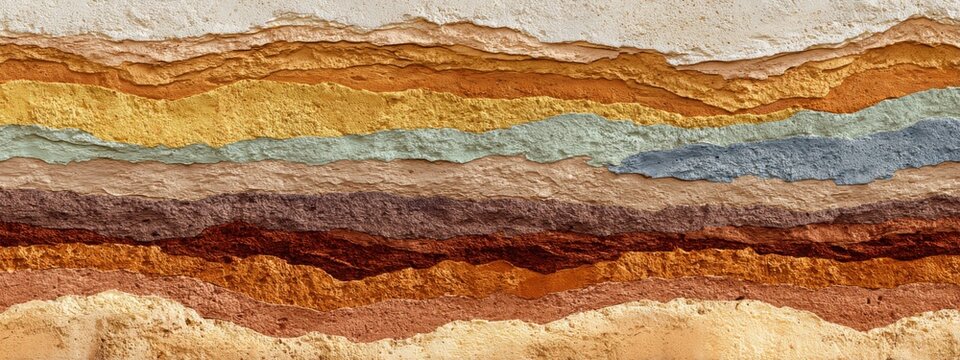 Luxury eco background showing colorful layers of rammed earth and natural clay textures, architectural sustainability concept, warm organic palette