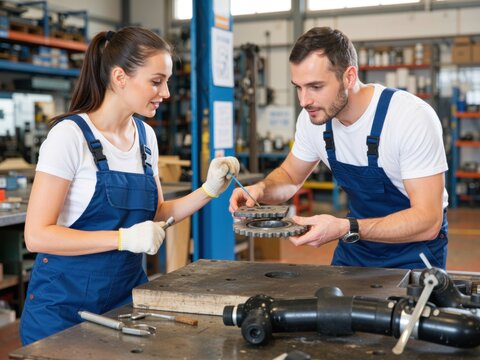 Mechanics working together assembling machine parts in workshop