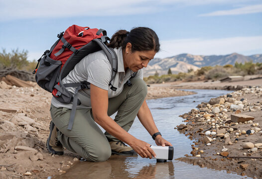 Latin Scientist Measures Water Level in Dry Riverbed