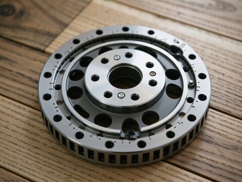 Precision engineered metal industrial component on wooden background