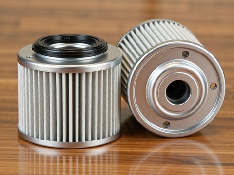 Two new automotive oil filters on wooden surface