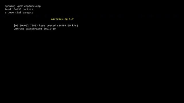Aircrack NG Wi Fi Password Brute Force Dictionary Attack Linux Terminal UI Cybersecurity Penetration Testing B Roll For Information Security Network Auditing Ethical Hacking And Documentary Video Arts