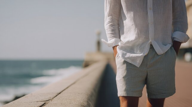 Man wearing lightweight linen shirt and tailored shorts near seaside promenade, fresh ocean breeze atmosphere, premium summer menswear aesthetic