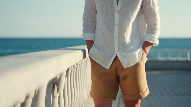 Man wearing lightweight linen shirt and tailored shorts near seaside promenade, fresh ocean breeze atmosphere, premium summer menswear aesthetic