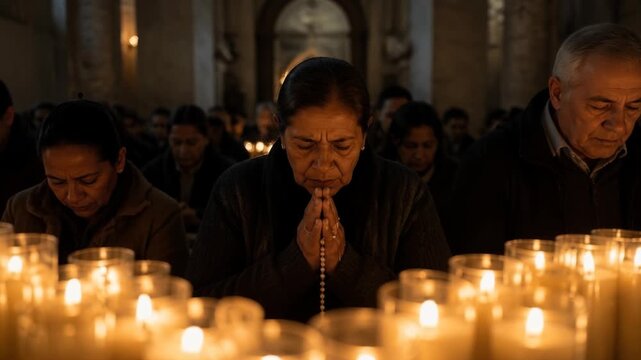 Faithful worshippers gather in a dimly lit church, praying with clasped hands amidst glowing candles.