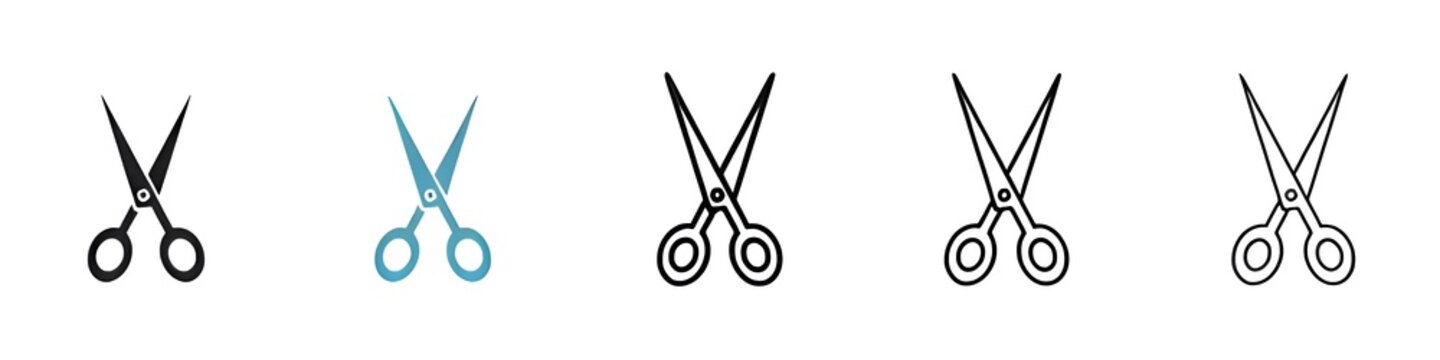 Scissors icon set. Trim vector icon. Barber haircut scissor sign for UI designs. Thin line customizable illustration. Contour symbol. Vector isolated outline drawing. Editable stroke
