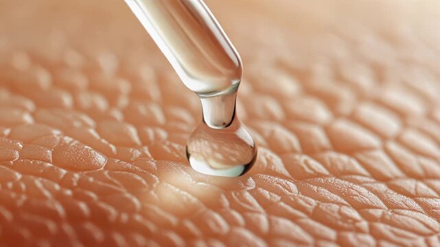 Cosmetic pipette dropper applying clear liquid serum on human skin texture.