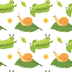 Cute snail and caterpillar seamless pattern, garden insects vector background for kids fabric. © Nadiia