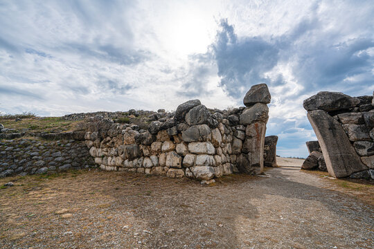 Architectural view of the famous stone-carved King's Gate at the ancient ruins of Hattusa. The monumental gate represents the master masonry and artistic achievements of the Hittite civilization in An