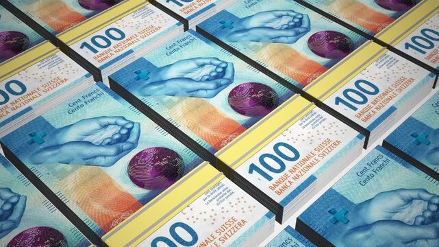 Stacks of 100 CHF or One Hundred Swiss Franc banknotes or currency. Neat Rows of Switzerland 100 Francs Bank note in 3D Motion. 4k Animation.
