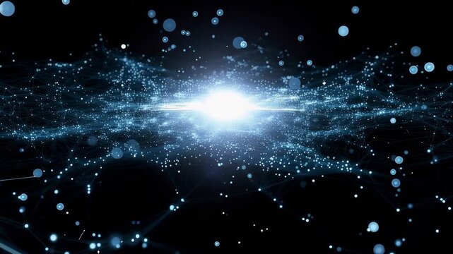 Abstract digital network with glowing blue data particles on black background