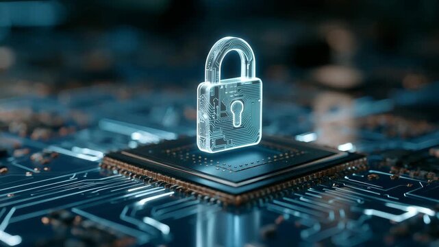 Digital padlock on microchip with glowing circuit board cybersecurity concept