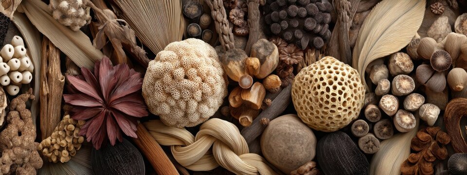 Panoramic eco background composed of diverse seed pods, grains and natural botanical structures arranged into flowing organic patterns, earthy luxury